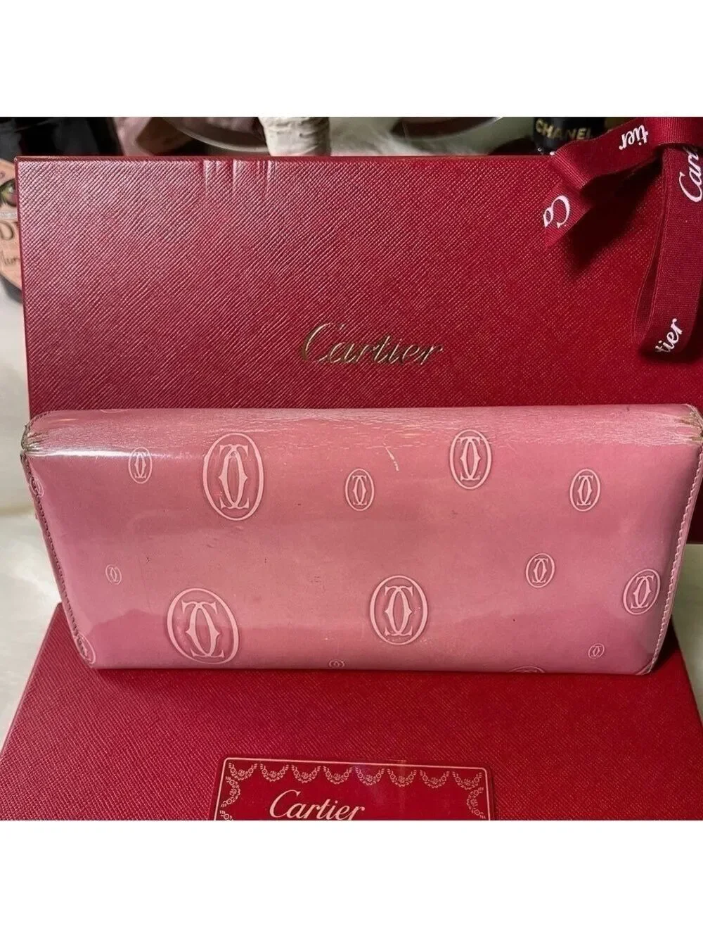 CARTIER MUST DE CARTIER HAPPY BIRTHDAY PINK PATENT LEATHER WALLET AUTHENTIC